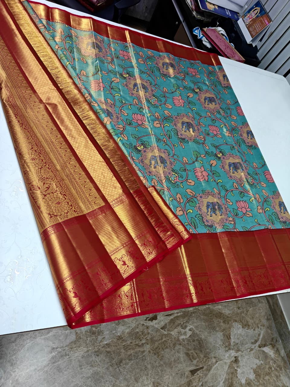 Teal Green Floral Printed Kanchipuram Silk Saree